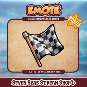 Könnte beinhalten: Gestreiftes Rennflaggen-Emote, eine digitale Illustration einer schwarz-weißen karierten Flagge, die an einem Holzstab weht. Das Bild ist vor einem braunen Hintergrund mit einem kreisförmigen Muster platziert. Der Text "EMOTE" befindet sich oben im Bild, und "CHECKERED RACE FLAG EMOTE" befindet sich unterhalb des Bildes. Der Text "Instant DOWNLOAD!" befindet sich in einer gelben Sternform in der oberen rechten Ecke des Bildes. Der Text "112 X 112 / 56 X 56 / 28 X 28 PIXELS" befindet sich unterhalb des Bildes. Der Text "SEVEN SEAS STREAM SHOP" befindet sich unten im Bild.