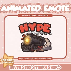 Könnte beinhalten: Animierter Emote mit einem schwarzen Zug und dem Wort "HYPE" in roten Buchstaben darüber. Der Zug hat einen hellgelben Scheinwerfer und stößt Rauch aus. Das Bild enthält den Text "Sofort-Download!" und "SEVEN SEAS STREAM SHOP".