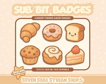 Bakery-themed 6 BADGE PACK // Cozy Cafe Stream Icons // Cute Bit Badge Set for Streamers (Digital Download) // Twitch Sub/Bit Badges