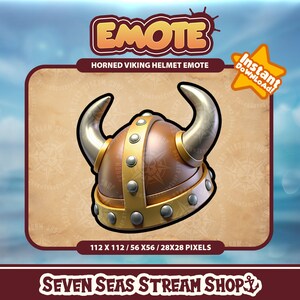 May include: A digital emote featuring a horned Viking helmet with gold accents and a brown leather base. The helmet is set against a background of a parchment-like texture with a blue sky and water.