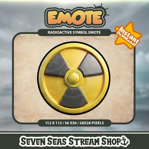 Puede incluir: Un emoticono de símbolo radiactivo amarillo y negro con el texto "EMOTE" y "RADIOACTIVE SYMBOL EMOTE" encima y "Descarga instantánea!" en forma de estrella a la derecha. El texto "112 X 112 / 56 X 56 / 28 X 28 PIXELS" está debajo del símbolo y el texto "SEVEN SEAS STREAM SHOP" está en la parte inferior de la imagen.