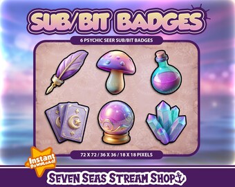 Psychic-themed 6 BADGE PACK // Quill Pen, Mushroom, Potion, Tarot Cards, Seer Ball, Crystals // Instant Download // Twitch Sub/Bit Badges