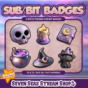 Witch-themed 6 BADGE PACK // Skull, Candle Stick, Spell Book, Cauldron, Witch Hat, Black Cat // Instant Download // Twitch Sub/Bit Badges