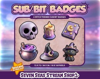 PAQUETE DE 6 INSIGNIAS con temática de brujas // Calavera, candelabro, libro de hechizos, caldero, sombrero de bruja, gato negro // Descarga instantánea // Insignias de suscripción/bit de Twitch