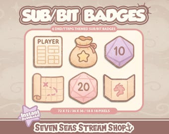 TTRPG-themed 6 BADGE PACK // Cozy DnD Stream Icons // Cute Bit Badge Set for Streamers (Digital Download) // Twitch Sub/Bit Badges
