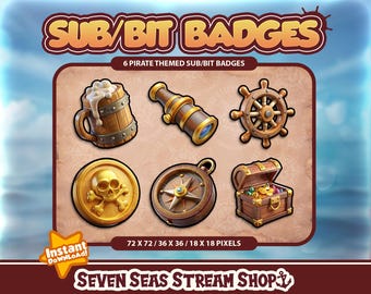 Pirate-themed 6 BADGE PACK // Rum, Spyglass, Ship Wheel, Doubloon, Compass, Treasure Chest // Instant Download // Twitch Sub/Bit Badges