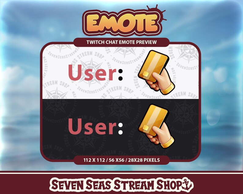 May include: A Twitch chat emote preview for a gold credit card being held by a hand. The emote is called "User:" and is available in four sizes: 112 x 112, 56 x 56, 28 x 28 pixels.