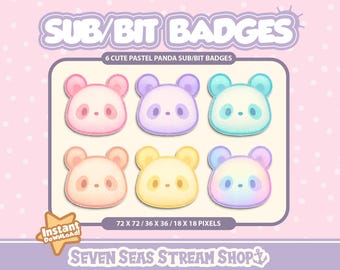 PACOTE DE 6 EMBLEMAS Pastel Pandas // Ícones de transmissão de urso panda fofos // Conjunto de emblemas de bits fofos para streamers (download digital) // Emblemas de inscrição/bits do Twitch