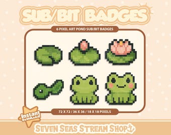 BADGEPAKKET Pixel Frog 6 // Gezellige pixelkunstpictogrammen met vijverthema // Leuke badges voor streamers (digitale download) // Twitch Sub/Bit-badges