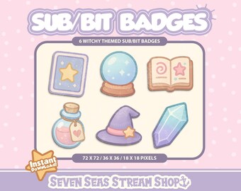 Magic-themed 6 BADGE PACK // Cozy Witchy Stream Icons // Cute Bit Badge Set for Streamers (Digital Download) // Twitch Sub/Bit Badges