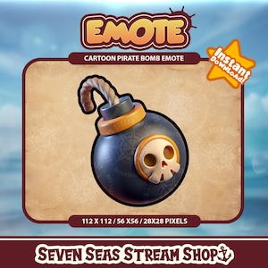 Pode incluir: Emote de bomba pirata de desenho animado com um design de caveira e ossos cruzados. A bomba é preta com um pavio marrom e uma faixa amarela ao redor do meio. O emote está disponível em quatro tamanhos: 112 x 112, 56 x 56 e 28 x 28 pixels.
