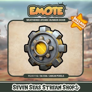 May include: A weathered metal bunker door with a yellow gear design. The door is 112 x 112 pixels, 56 x 56 pixels, or 28 x 28 pixels. The image is labeled "EMOTE" and "SEVEN SEAS STREAM SHOP".