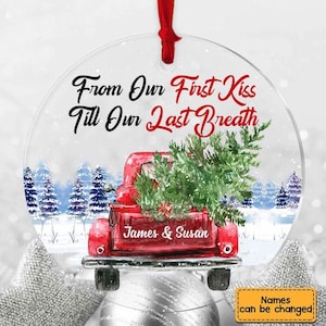 Personalized Couple Red Truck From First Kiss Heart Ornament,Christmas Engaged Ornament,Husband And Wife, Couple 1st Christmas Ornament