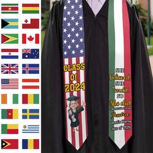 Custom Two Flag Graduation Stole – Personalized Photo Class of 2025 Sash, Custom Grad Gift for Student or Friend, Country Flag Stole