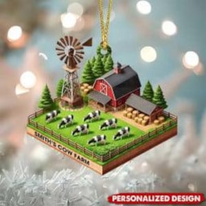 Personalized Cow Farm Christmas Ornament – Custom Barn with Cows, Farmhouse Holiday Tree Decoration, 2025 Keepsake Gift