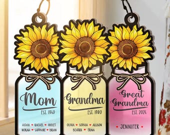 Personalized Flower Mason Jar Mom Grandma Great Grandma Suncatcher Ornament, Kitchen Decoration, Mothers Day Gift for Mom, Grandma