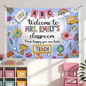 Welcome Back to School Tapestry, Cute Classroom Wall Decor, Teacher Backdrop Banner, Kawaii School Theme Decoration