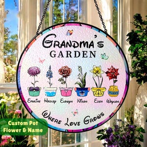 Gepersonaliseerde Grandma&#39;s Garden Disney Geboortemaand Bloem Gebrandschilderd glas Suncatcher, Moederdag Verjaardagscadeau voor moeder Nana Mimi van kleinkinderen