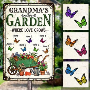 Grandma Butterflies Garden Where Love Grow Metal Sign, Custom Kids Name Butterflies, Mother&#39;s Day Gift For Mom Grandmother