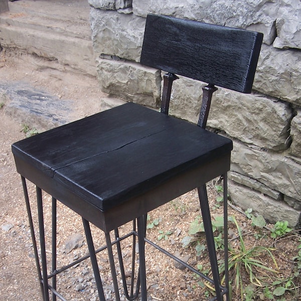 Reclaimed Oak Bar Stool: Industrial Steel Hairpin Legs, Railroad Spike Detail