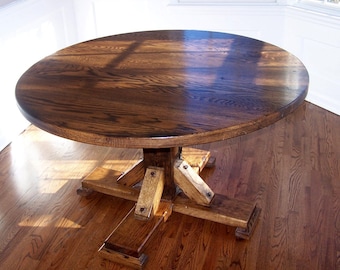 Reclaimed Oak Round Dining Table with Rustic Pedestal Base