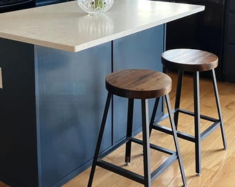 Kitchen Island Counter Height Stool ~ Backless Reclaimed Wood & Metal Bar Stool ~ Rustic Industrial Home Bar Seating