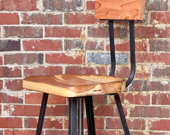 Adjustable Industrial Bar Stool for Restaurant & Bar Seating ~ Reclaimed Wood Chair with Backrest, Metal Frame and Custom Height Function