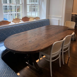 Reclaimed Wormy Chestnut Oval Dining Table - Pedestal Farmhouse Wooden Table with X Base - Custom Dining Room Furniture
