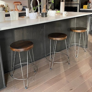 Counter Height Stool with Hairpin Tripod Legs - Reclaimed Solid Wood Modern Industrial Bar Stool - Kitchen Island and Home Bar Furniture