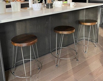 Counter Height Stool with Hairpin Tripod Legs - Reclaimed Solid Wood Modern Industrial Bar Stool - Kitchen Island and Home Bar Furniture