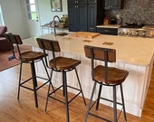 FREE SHIPPING - Swiveling Scooped Seat Industrial Bar Stool, Counter Stool with Swivels and Curved Wood Backs - Great for commercial or home