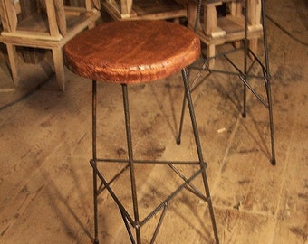 Extra Tall Round Bar Stool - Reclaimed Wood Bar Stool Rebar Metal Base - Industrial Restaurant Furniture