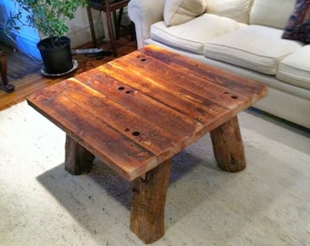 Rustic Square Wood Coffee Table, Hand Hewn Reclaimed Legs