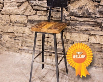 Commercial Bar Stools with Backs - Industrial Counter Height Stool with Reclaimed Wood Seat and Metal Frame -   Restaurant Furniture