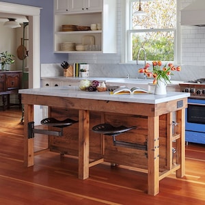 Kitchen island with swing arm seating - Custom reclaimed wood kitchen island - Modern Farmhouse Kitchen Island with swing out tractor seats