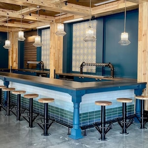 Bolt Down Bar Stool with Circular Footrest, Rustic Industrial Bolt Down Bar Stools, Commercial Restaurant Industrial Floor Mounted Bar Stool
