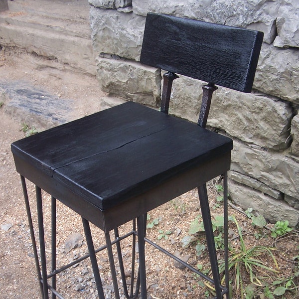 Black Reclaimed Wood Bar Stool with Back ~ Industrial Counter Height Stool with Hairpin Legs ~ Rustic Dark Wooden Railroad Stool