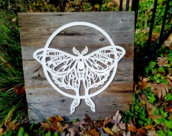 Luna Moth and Moon Reclaimed Wood and Metal Wall Art, Weathered Wood Wall Art, Luna Month Wall Decor, Butterfly Wall Art, Cottagecore Decor