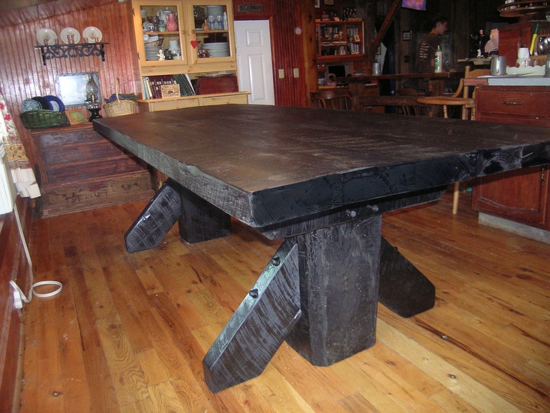 Massive Thick Plank Timber Trestle Table, Cabin Furniture, Wood Dining Table, Timber Table, Farm Table, Barn Wood Table image 2