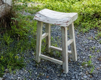 Handcrafted Reclaimed Wood Bar Stool, Distressed White Finish
