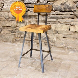 The Brewster Rustic Industrial Reclaimed Wood Bar Stools, Industrial Farmhouse Bar Stools with Backrest, Industrial Counter Height Bar Stool