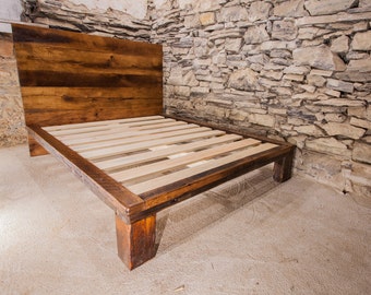 The Lamplighter Reclaimed Wood Platform Bed Frame: Rustic Modern Farmhouse Headboard