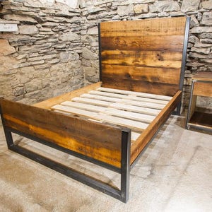 Wood Industrial Bed Platform, Wood Bed Frame, Metal And Wood Bed, Reclaimed Wood Bed, Modern Bed, Headboard Wood, Farmhouse Bed Frame