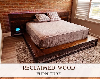 Reclaimed Pine Wood Floating Platform Bed: Industrial King/Queen Bed Frame
