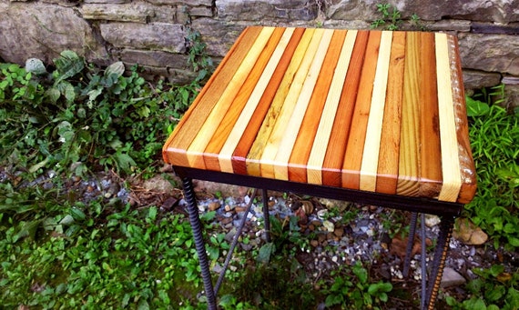 Colorful Reclaimed Wood Bar Stool: Industrial Rebar Frame, Backless Counter Height Stool