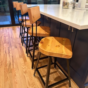 Farmhouse Style Stool Reclaimed Wood Construction Industrial Design Aesthetic Swivel Counter Height Chair Kitchen Island Seating Solution Back Support Feature Comfortable Scooped Seat Design Versatile Home Furniture Rustic Appearance