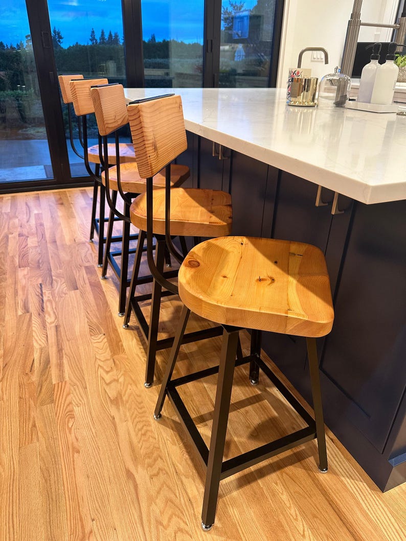 Farmhouse Style Stool Reclaimed Wood Construction Industrial Design Aesthetic Swivel Counter Height Chair Kitchen Island Seating Solution Back Support Feature Comfortable Scooped Seat Design Versatile Home Furniture Rustic Appearance