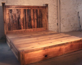 Modern Farmhouse Platform Bed With Storage Drawers: Custom Sized Reclaimed Wood Rustic Platform