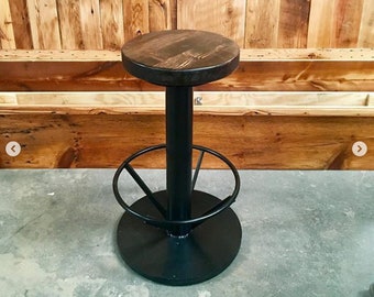 Bolt Down Bar Stool ~ Black Metal Pedestal Counter Height Stool with Wooden Seat ~ Restaurant and Cafe Furniture | Swivel Upgrade