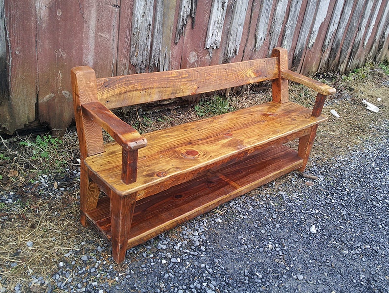 Wood dining bench with back and armrests. Reclaimed wood bench image 1